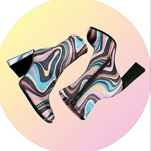 Retro Groovy Sparkling Whimsical Psychedelic Block Heel Square Toe Ankle Boots